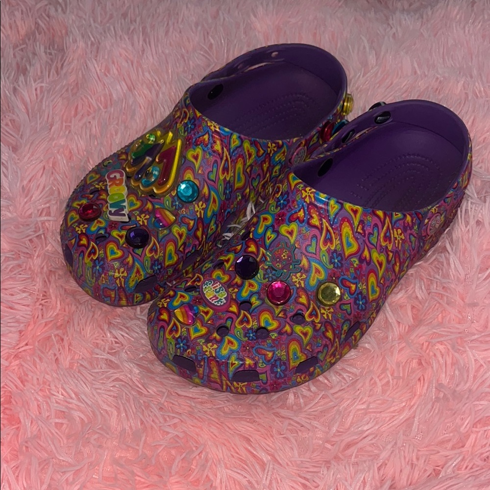 ✨RARE 2022 release Lisa Frank x Crocs Classic Clog- Neon Purple Multi Hearts ✨